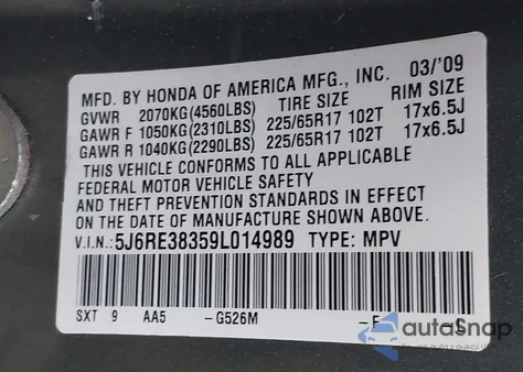 2009 Honda Cr-V Lx из США, поврежденный, VIN 5J6RE38359L014989